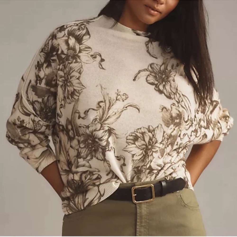 New Anthropologie Alani Cashmere Mock-Neck Sweater Angel Print Cream Small
